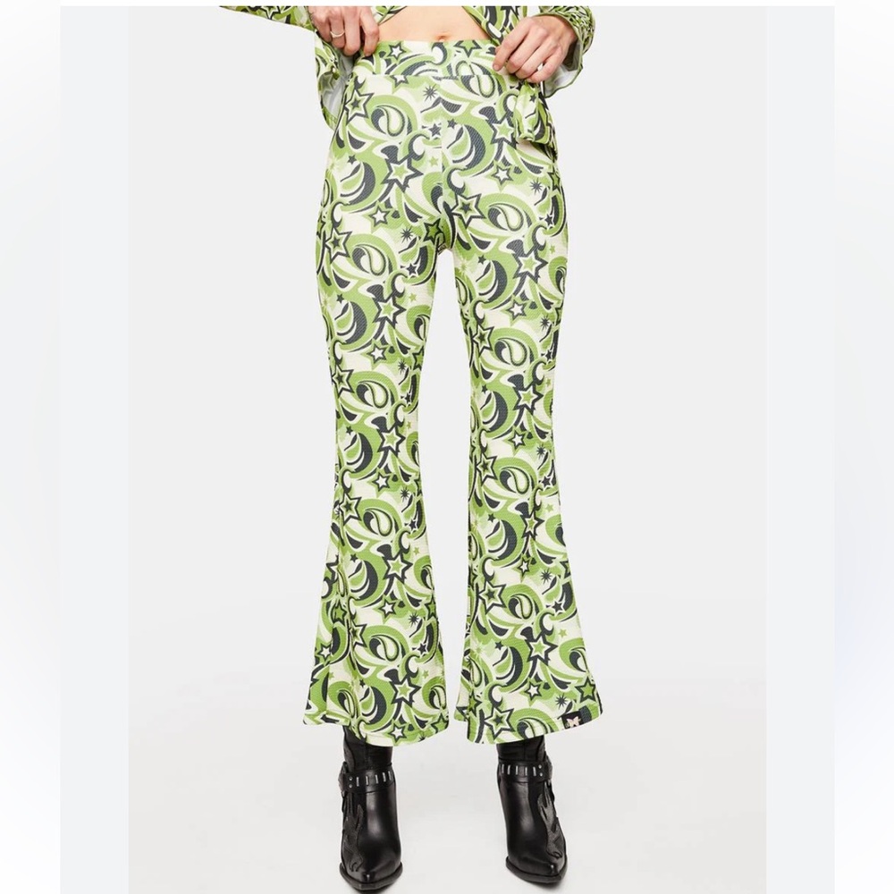 Dolls Kill BADEE Milky Way Groovy Swirl Flare Pants Cropped M Green Black Y2K - Picture 2 of 10